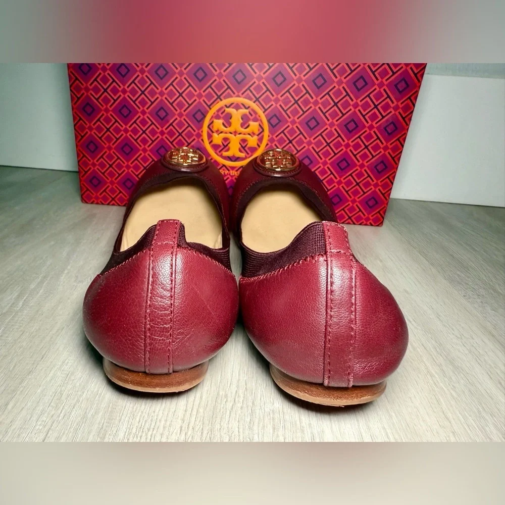 Tory Burch Burgundy Leather Ballet Flats Gold Logo Women Size 7.5 M